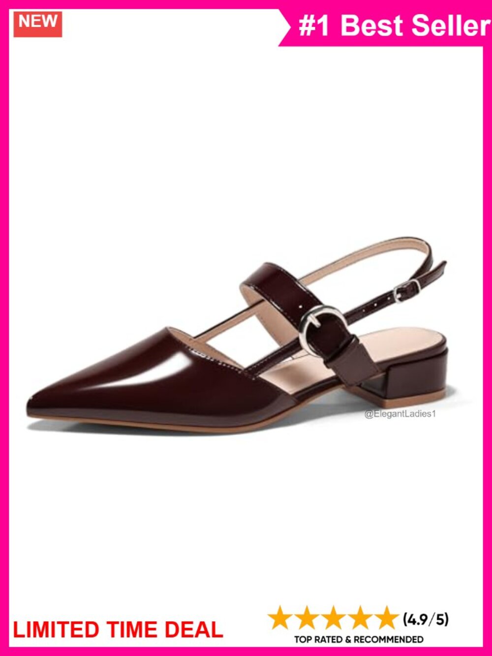 Slingback Flats Chunky Low Heel Mary Jane Pointed Toe Ankle Strap Dress Shoes